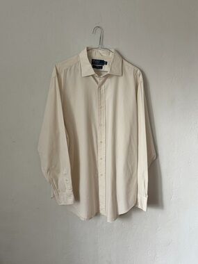 Vtg Polo Ralph Lauren Phillip Two Ply Poplin Spread Collar Cream Oxford 16.5 34